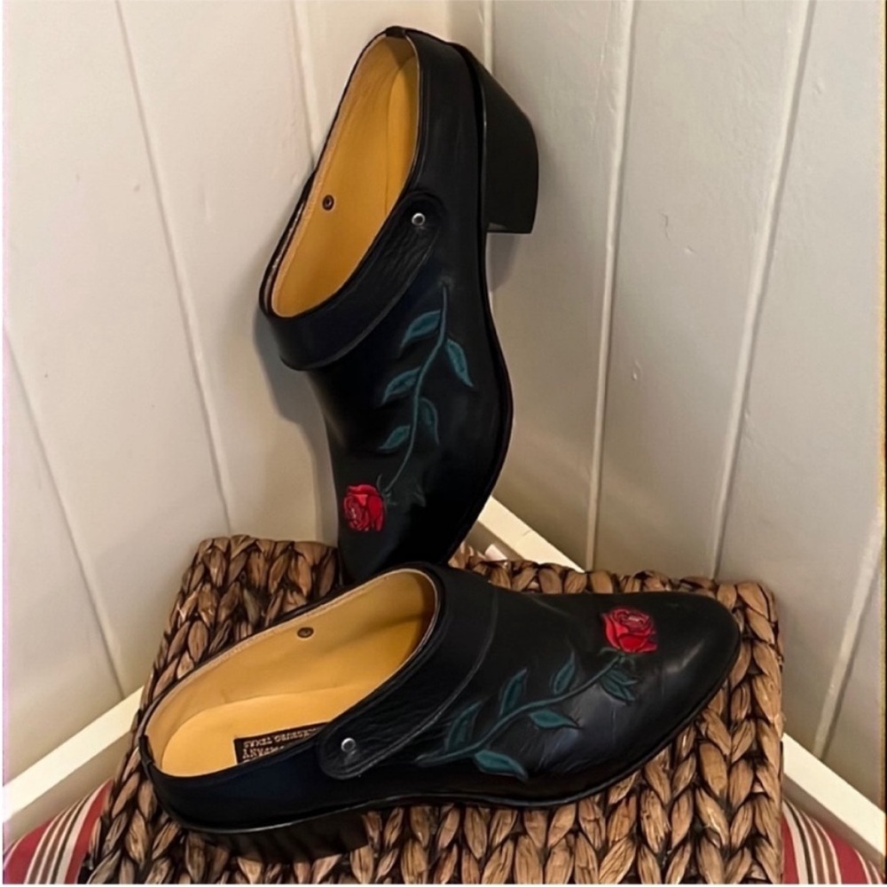 Anthropologie L.M. Easterling Custom Boot Company Leather Mules Rose Embroidered